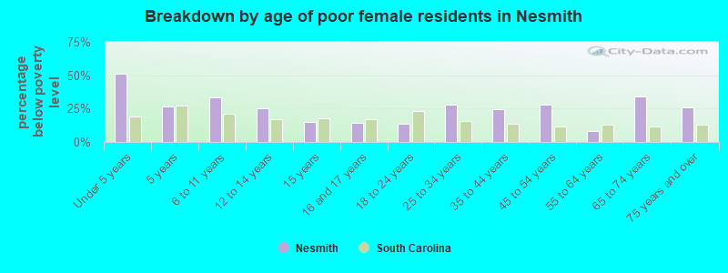 Breakdown by age of poor female residents in Nesmith