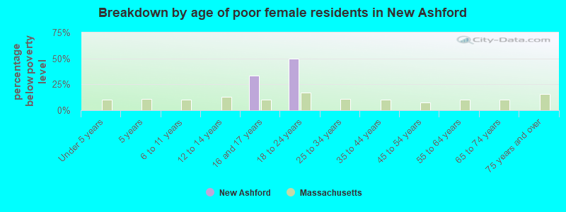 Breakdown by age of poor female residents in New Ashford