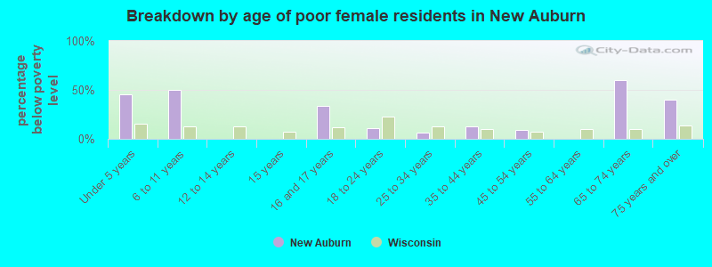Breakdown by age of poor female residents in New Auburn
