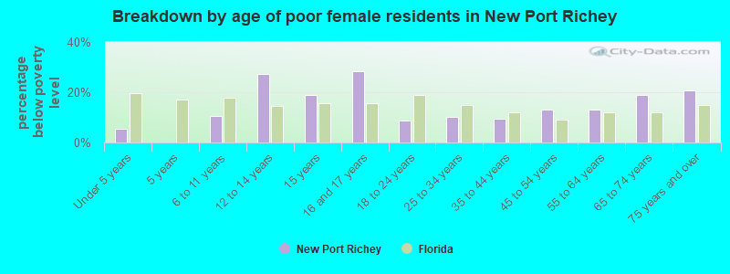 Breakdown by age of poor female residents in New Port Richey