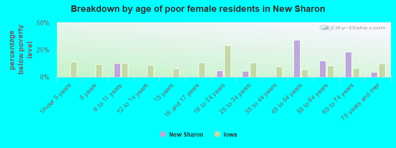 Breakdown by age of poor female residents in New Sharon