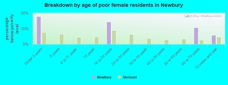 Breakdown by age of poor female residents in Newbury