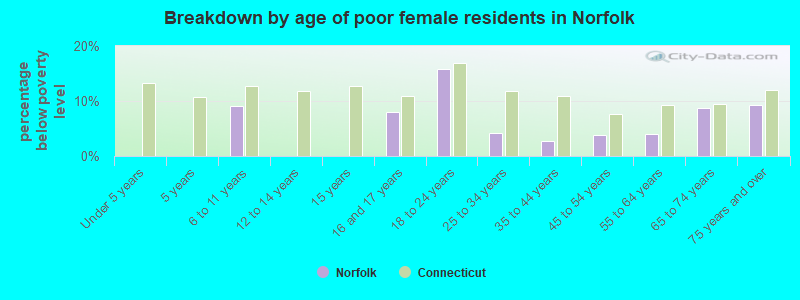 Breakdown by age of poor female residents in Norfolk