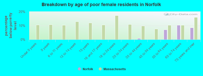 Breakdown by age of poor female residents in Norfolk