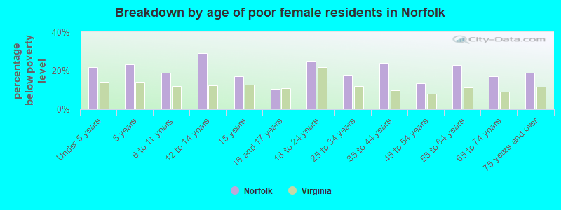 Breakdown by age of poor female residents in Norfolk