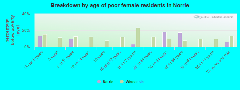Breakdown by age of poor female residents in Norrie