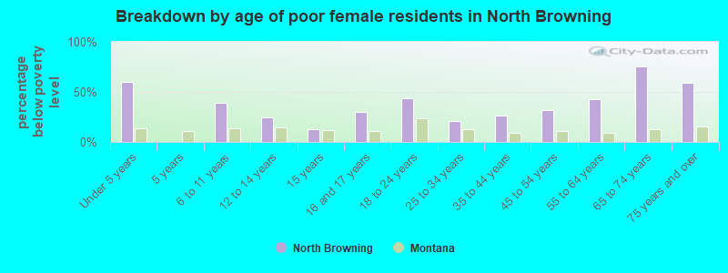 Breakdown by age of poor female residents in North Browning