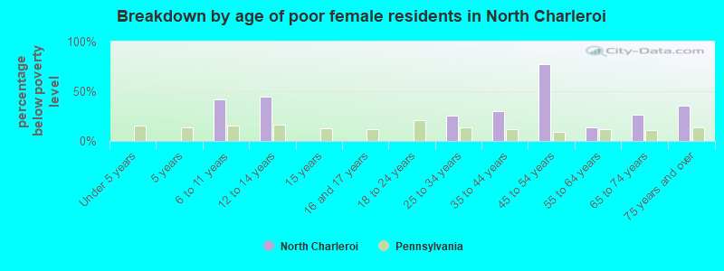 Breakdown by age of poor female residents in North Charleroi
