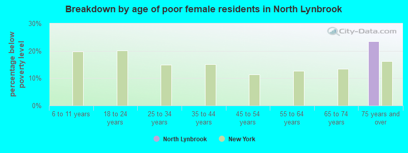 Breakdown by age of poor female residents in North Lynbrook