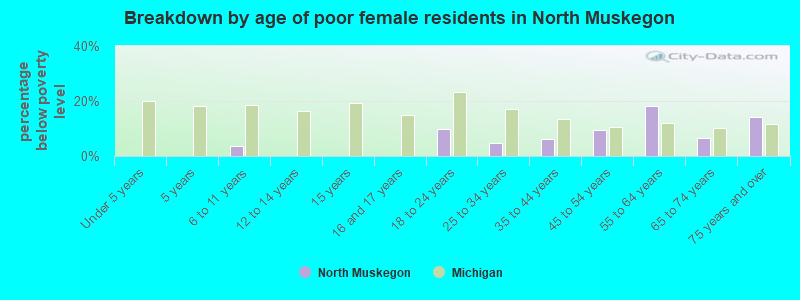 Breakdown by age of poor female residents in North Muskegon