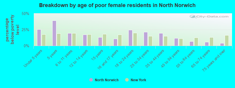 Breakdown by age of poor female residents in North Norwich