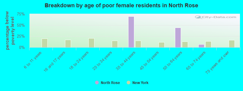 Breakdown by age of poor female residents in North Rose