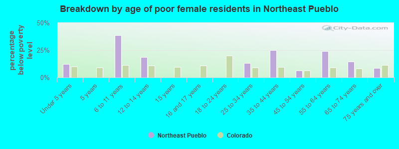 Breakdown by age of poor female residents in Northeast Pueblo