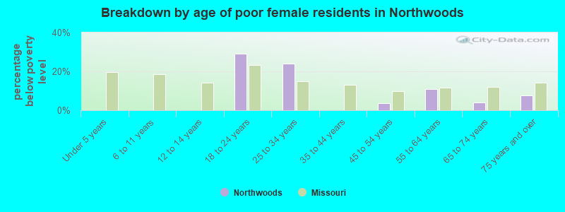 Breakdown by age of poor female residents in Northwoods