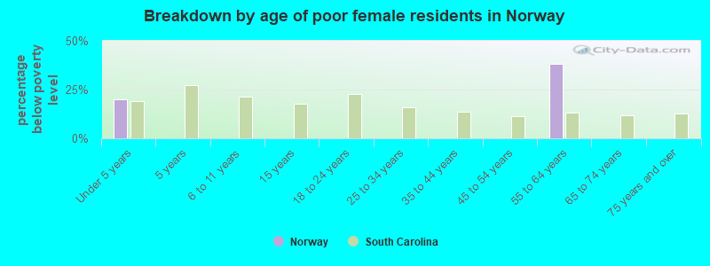 Breakdown by age of poor female residents in Norway