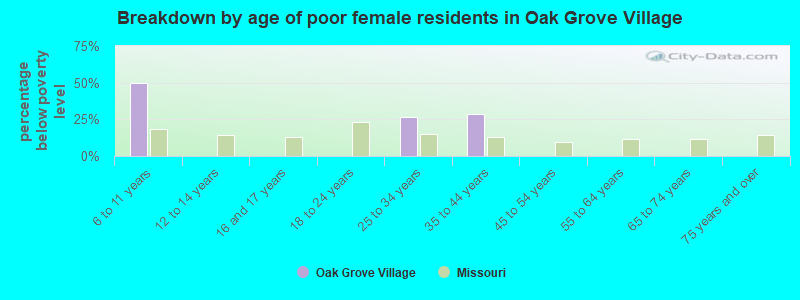 Breakdown by age of poor female residents in Oak Grove Village