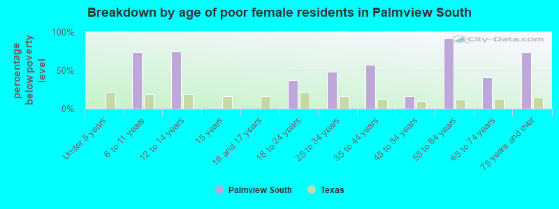 Breakdown by age of poor female residents in Palmview South