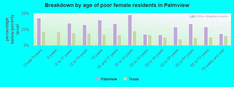 Breakdown by age of poor female residents in Palmview