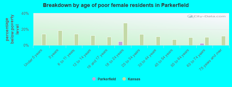 Breakdown by age of poor female residents in Parkerfield