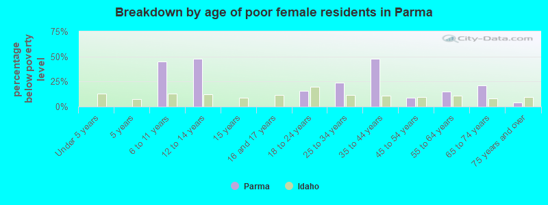 Breakdown by age of poor female residents in Parma
