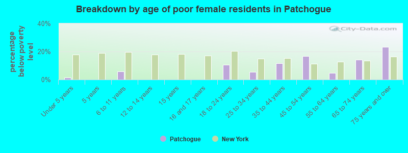 Breakdown by age of poor female residents in Patchogue