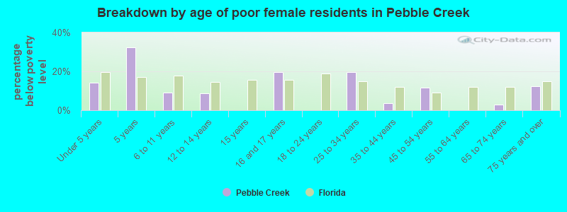 Breakdown by age of poor female residents in Pebble Creek
