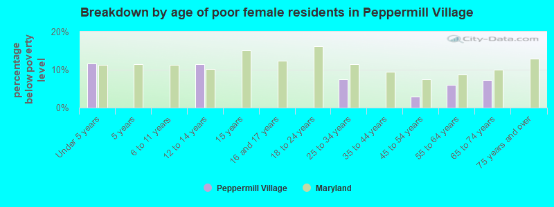 Breakdown by age of poor female residents in Peppermill Village