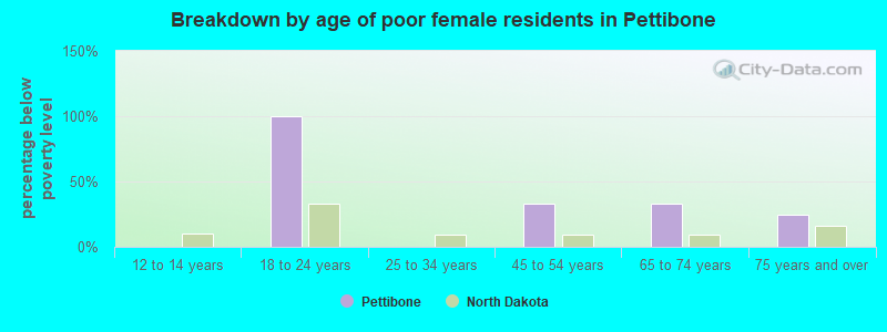 Breakdown by age of poor female residents in Pettibone