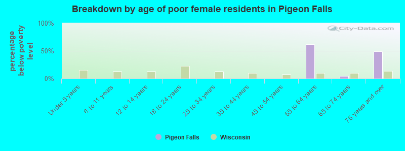 Breakdown by age of poor female residents in Pigeon Falls