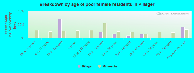 Breakdown by age of poor female residents in Pillager