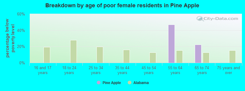 Breakdown by age of poor female residents in Pine Apple
