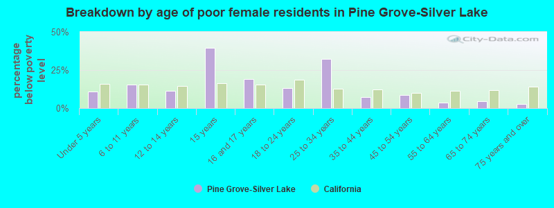 Breakdown by age of poor female residents in Pine Grove-Silver Lake