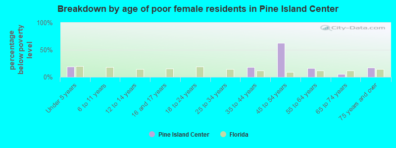 Breakdown by age of poor female residents in Pine Island Center