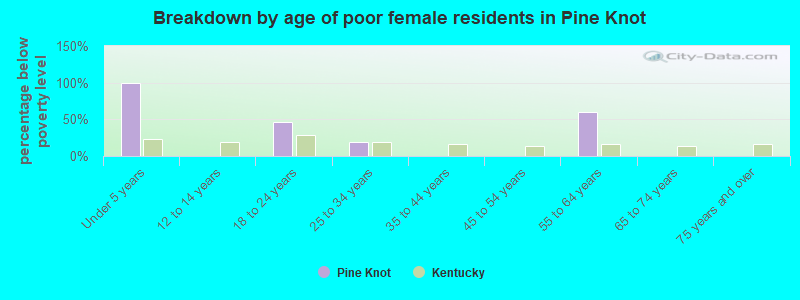Breakdown by age of poor female residents in Pine Knot