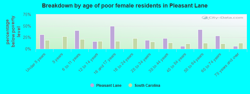 Breakdown by age of poor female residents in Pleasant Lane