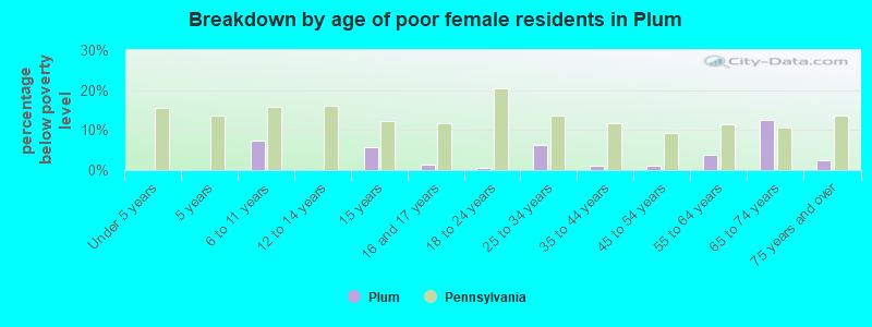 Breakdown by age of poor female residents in Plum