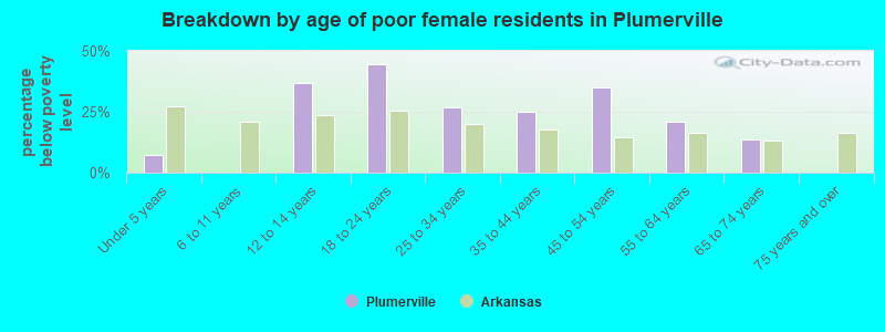 Breakdown by age of poor female residents in Plumerville