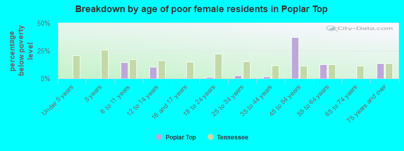 Breakdown by age of poor female residents in Poplar Top
