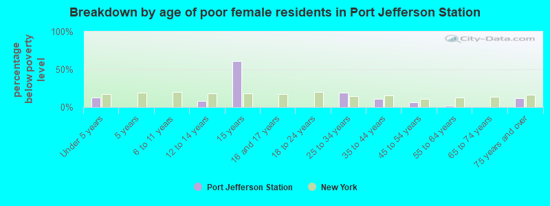 Breakdown by age of poor female residents in Port Jefferson Station