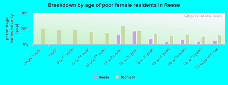 Breakdown by age of poor female residents in Reese