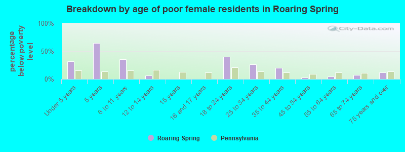 Breakdown by age of poor female residents in Roaring Spring
