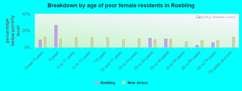 Breakdown by age of poor female residents in Roebling