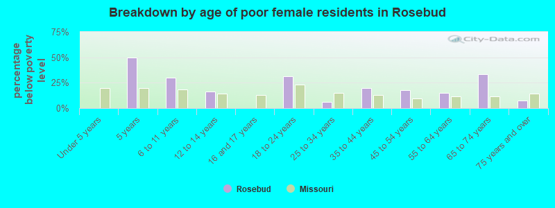 Breakdown by age of poor female residents in Rosebud