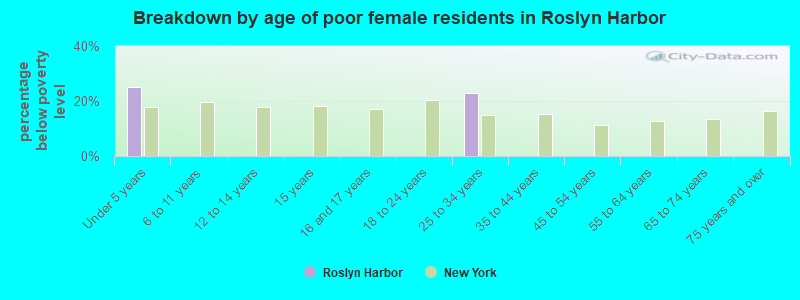Breakdown by age of poor female residents in Roslyn Harbor