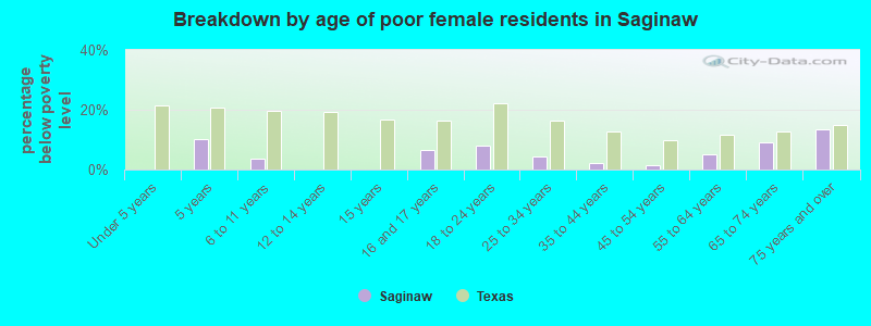 Breakdown by age of poor female residents in Saginaw