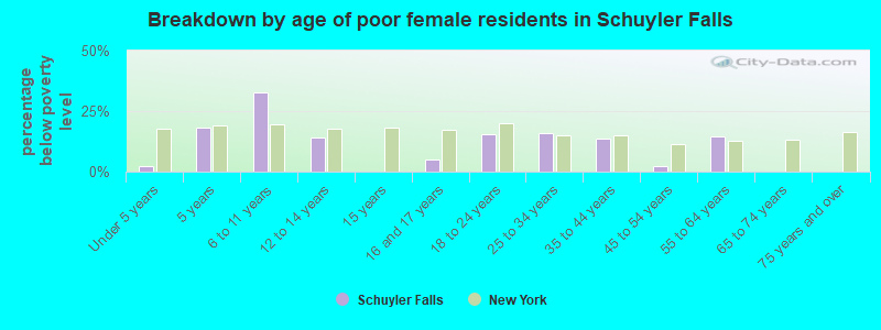 Breakdown by age of poor female residents in Schuyler Falls