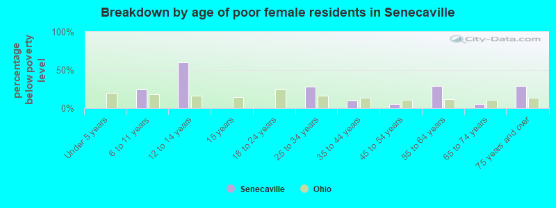 Breakdown by age of poor female residents in Senecaville