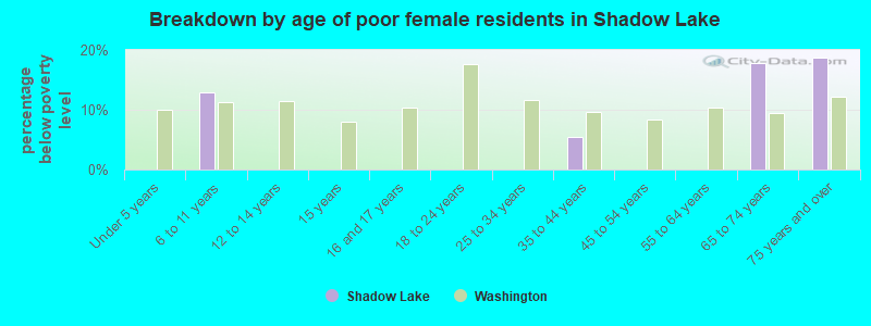Breakdown by age of poor female residents in Shadow Lake