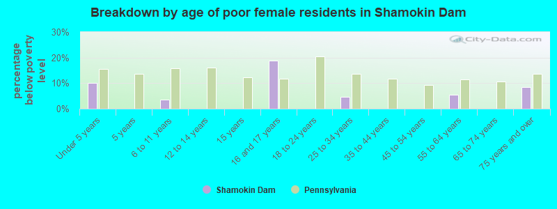 Breakdown by age of poor female residents in Shamokin Dam