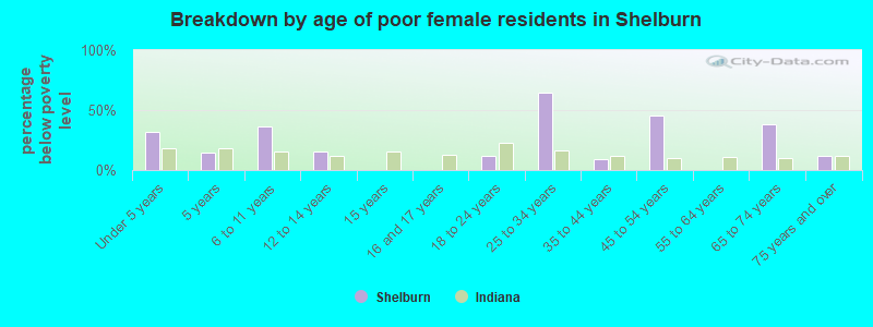 Breakdown by age of poor female residents in Shelburn